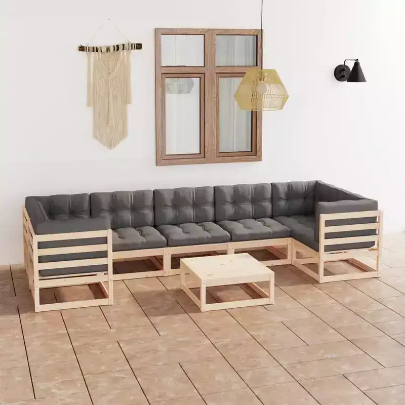 vidaXL Patio Furniture Set 8 Piece Outdoor Sectional Sofa Solid Wood Pine - Natural With Cushions