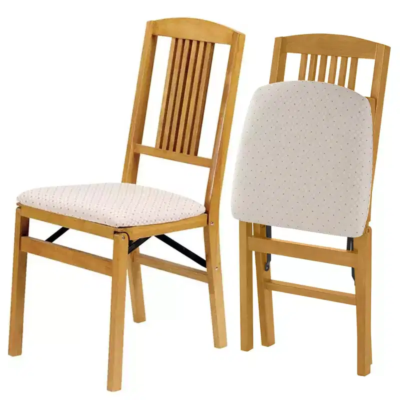 MECO Stakmore Wood Blush Fabric Upholstered Seat Folding Chair Set, Oak (2 Pack)