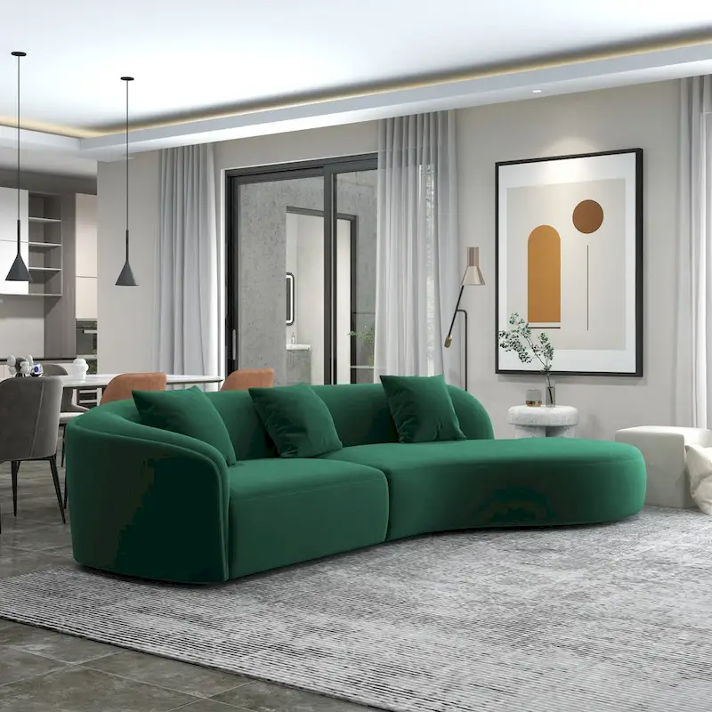 Gold / Dark Green Velvet Curved Tufted Sofa – 2-Seat