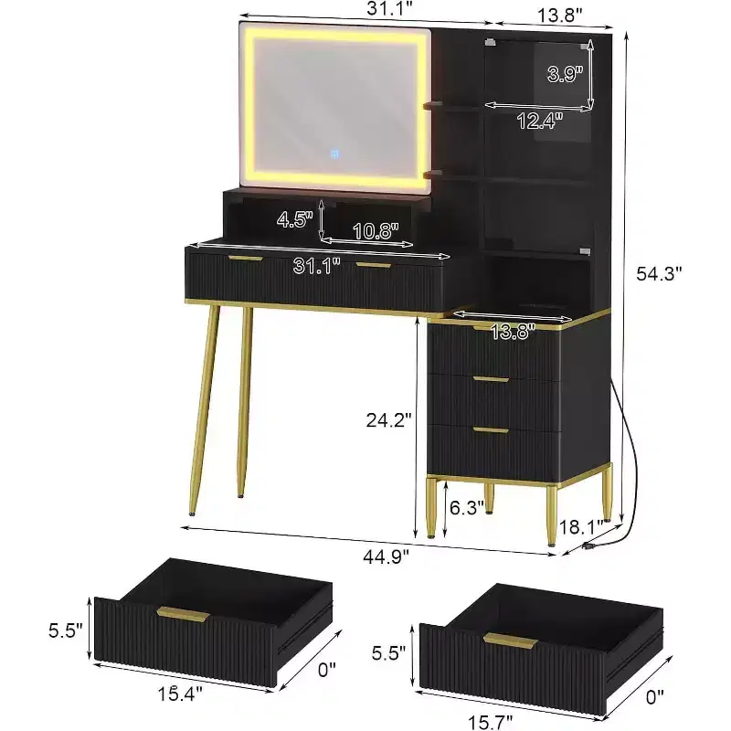 Vanity Desk with Mirror and Lights, Makeup Vanity with 5 Drawers & Shelves, 3-Color Lighting, Power Outlet, Dressing Table