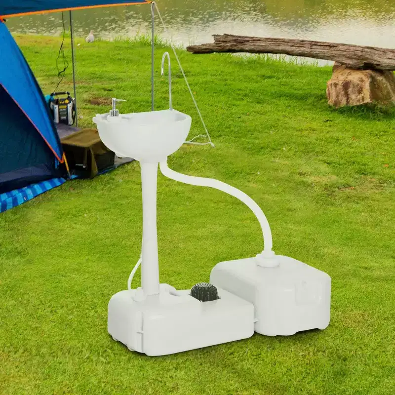Portable Camping Sink Hand Wash Station, 4.5 Gallon Tank, 6.3 Gallon Recovery Tank & Soap Dispenser for RV, Outdoor, Indoor, HDPE, White