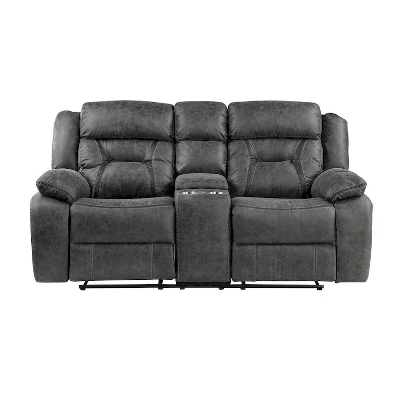 Grey Microfiber Manual Double Recliner Loveseat with Center Console for 2 Person