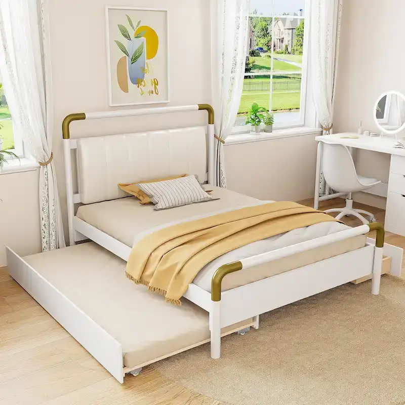White Queen Canopy Platform Bed with Trundle & 2 Drawers, 2-Person