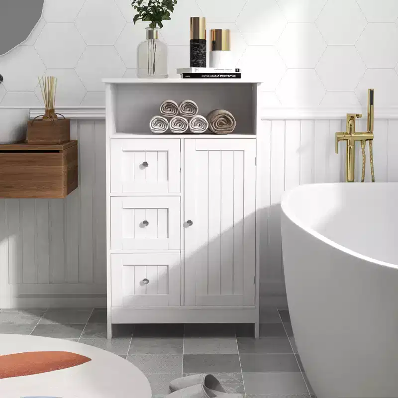 Bathroom Freestanding Storage Cabinet with 3 Drawers and 1 Door, White