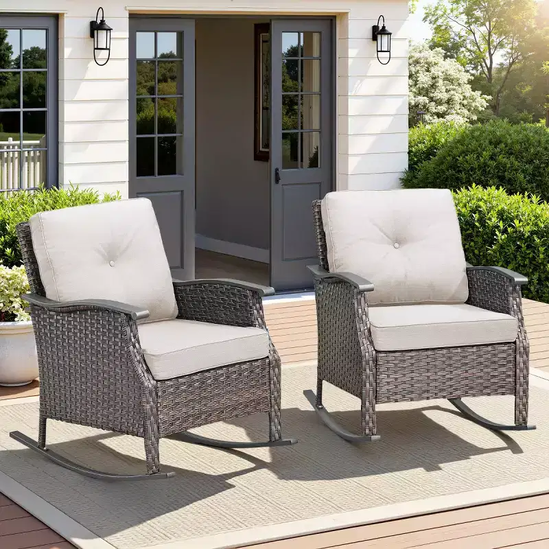Set of 2 Outdoor Rocking Glider Chairs with Cushions, All-Weather Gray Wicker Patio Rockers for Porch, Garden, Deck, or Backyard-Panipeachy