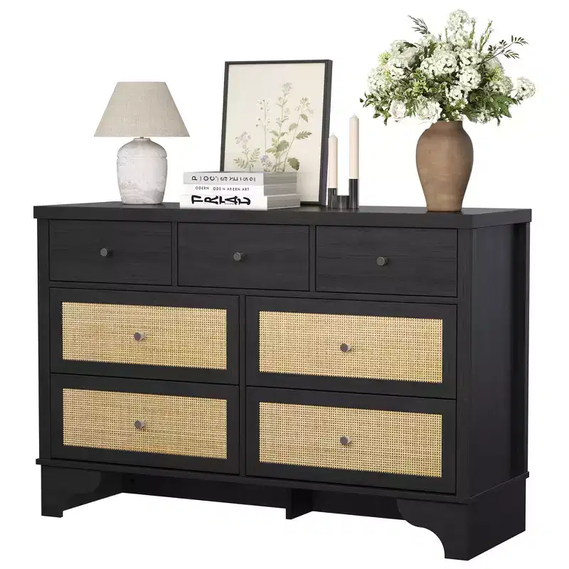 7 Drawer Dresser for Bedroom, 47.3 Wide Natural Rattan Chest of Drawers, Wood Boho Clothing Storage Organizer, for Living Room