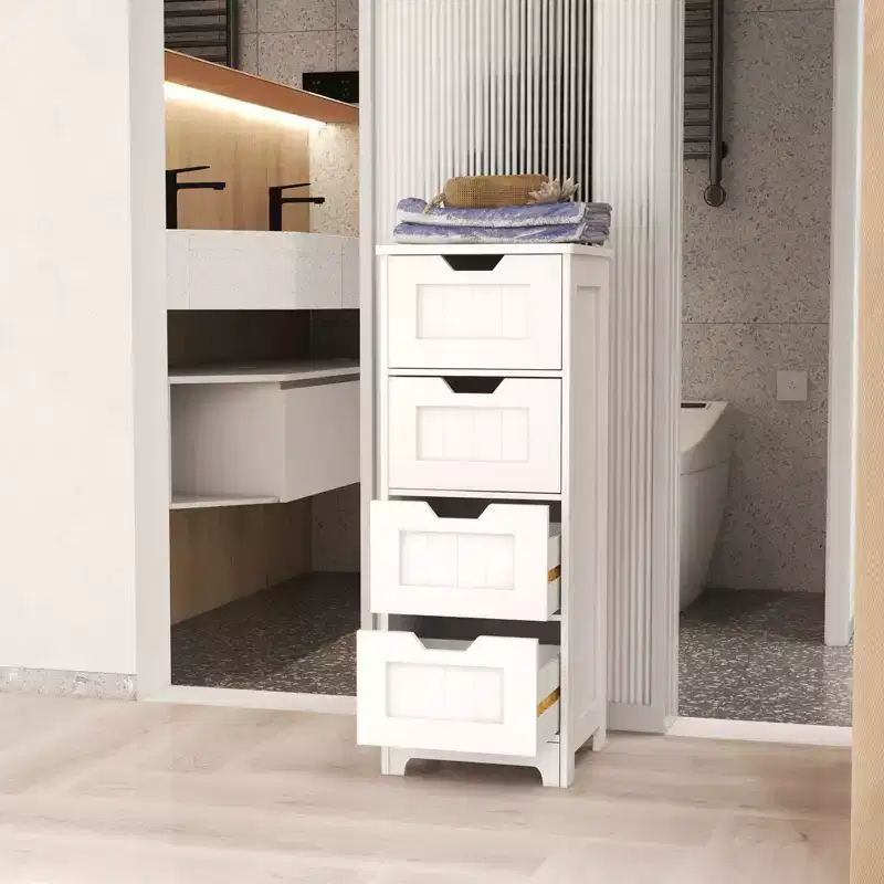 AndMakers 11.81 in. W. x 11.81 in. D x 32.68 in. H White Wood Linen Cabinet with 4 Drawers