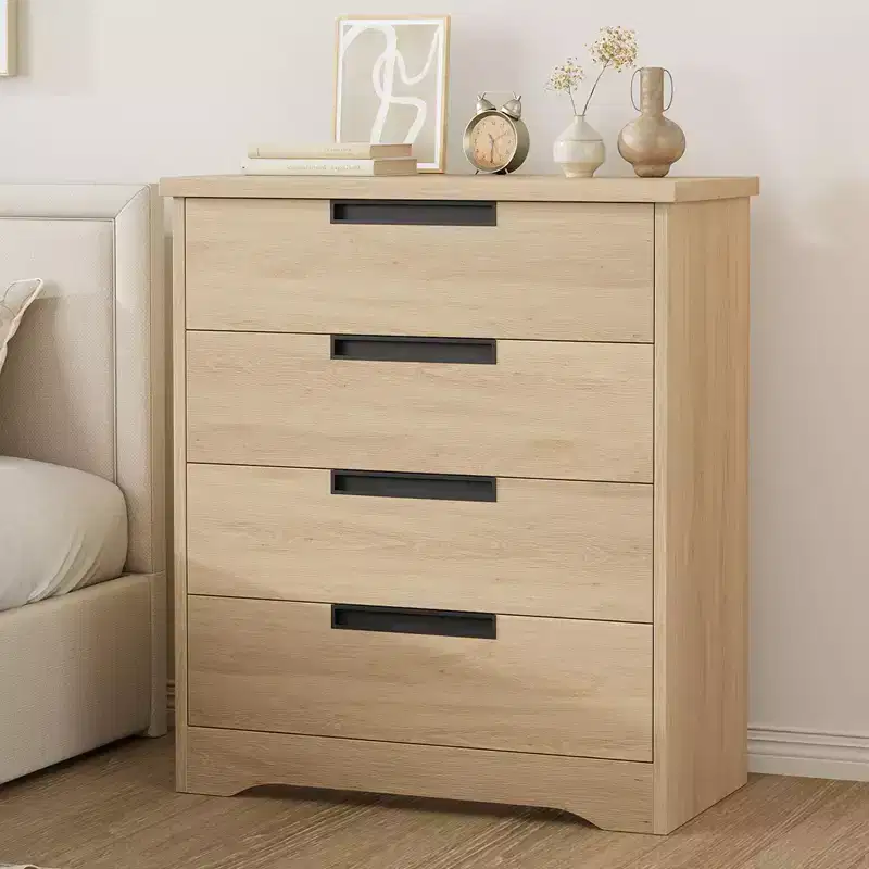 4 Drawer Dresser for Bedroom, Natural Chest of Drawers with Embedded Handles Design, Wooden Dresser Organizer for Living Room, Hallway and Entryway