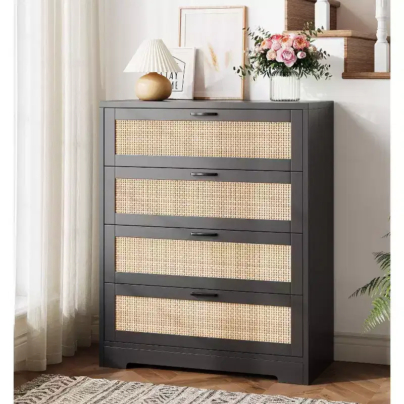 MDF & Rattan 4-Drawer Dresser with Solid Wood Legs