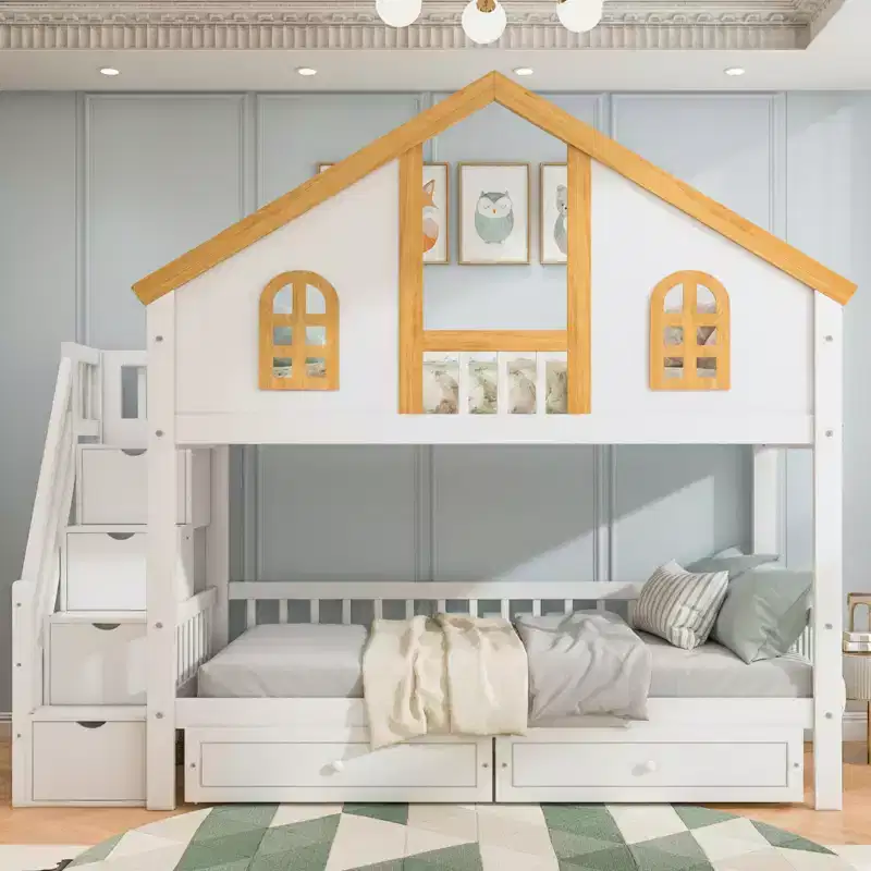 Polibi Full/Twin Bunk Bed with Roof, Windows, Drawers & Staircase