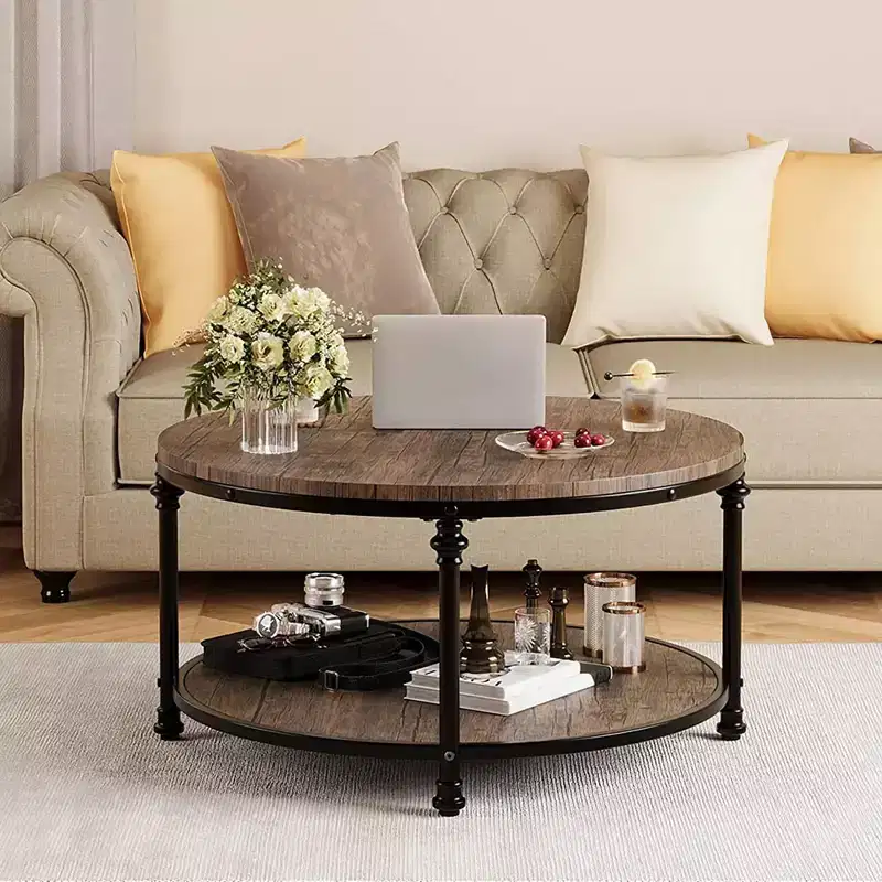 Round Coffee Table with Storage Rack & Metal Legs