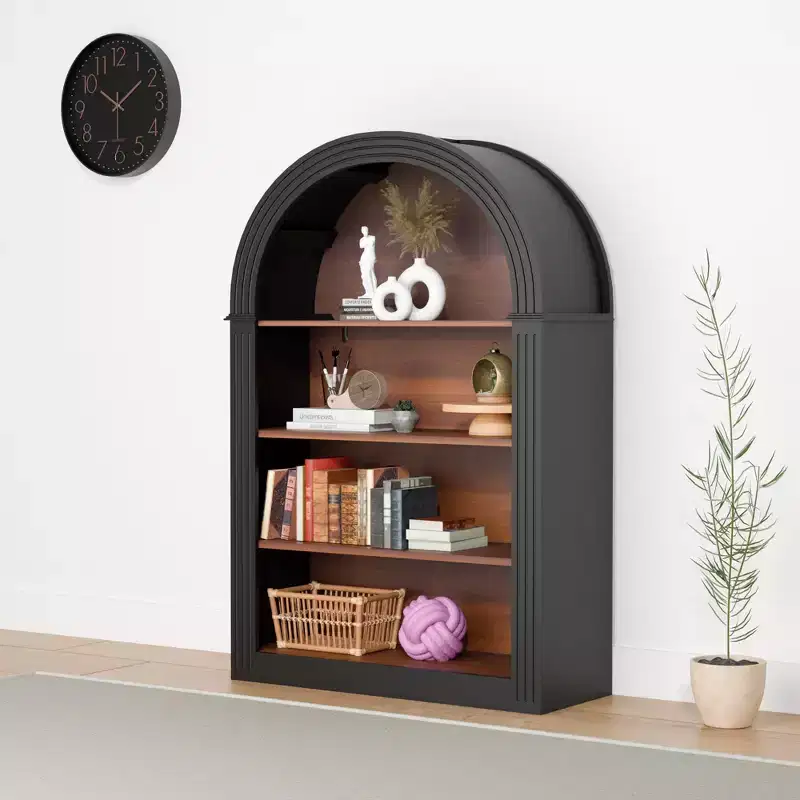 Bookshelf, 4-Tier 45.66 Wooden Arched Open Floor Bookcase, Large Storage Organizer for Library, Bedroom, Living Room, Black