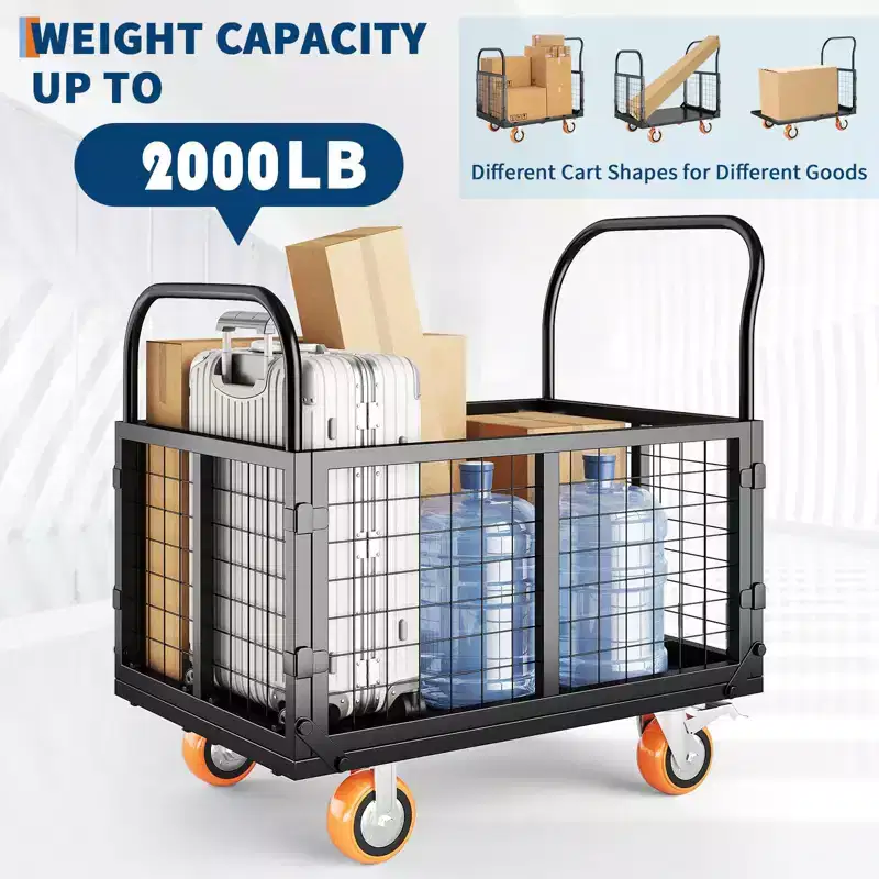 2000Lbs Platform Truck Cart with Cage,Heavy Duty Folding Hand Truck Cage Carts, Foldable Push Cart Dolly