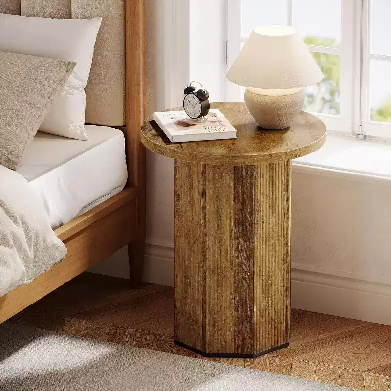 Round Farmhouse Pedestal End Table, Fluted Wooden Nightstand & Drink Stand for Living Room or Bedroom