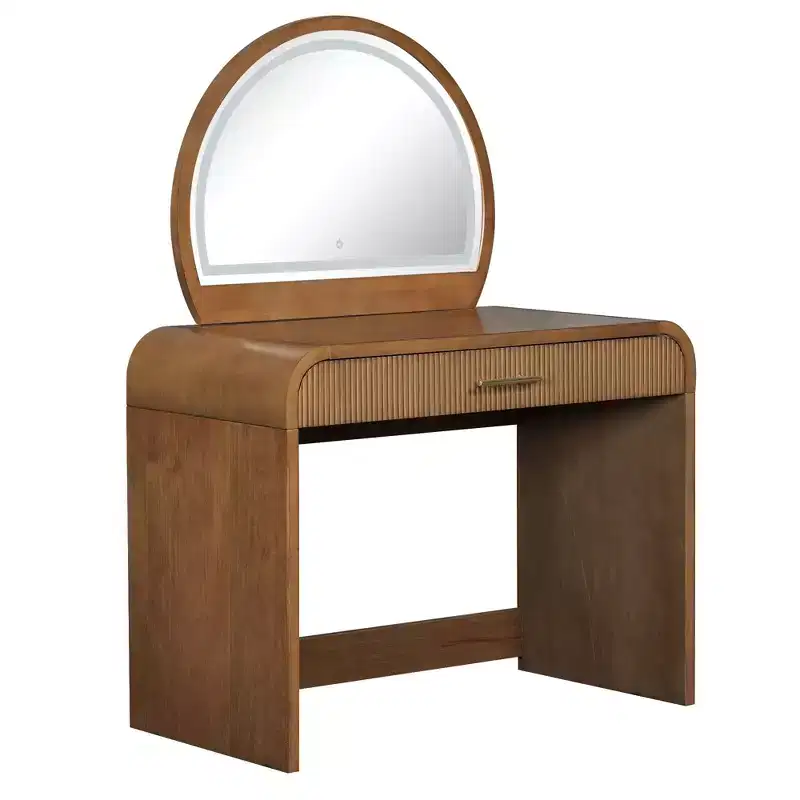 Makeup Vanity Table with Large Mirror and Touch Screen, Vanity Desk with Large Drawer and Arched Corner, Dressing Table for Bedroom