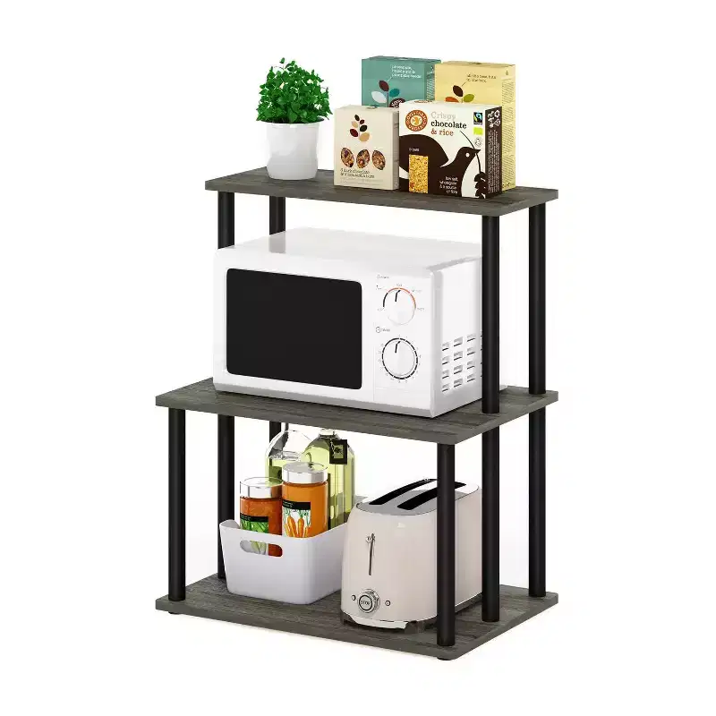 Furinno 3-Tier Ladder Kitchen Rack Storage Shelf Microwave Stand Open Shelves for Kitchen&Living Room&Home Storage,French Oak Grey/Black