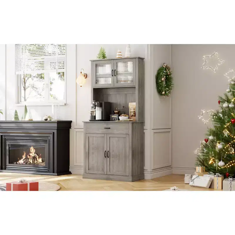 71 Kitchen Pantry Storage Cabinet with Glass Doors and Microwave Stand, Freestanding Tall Kitchen Cabinet