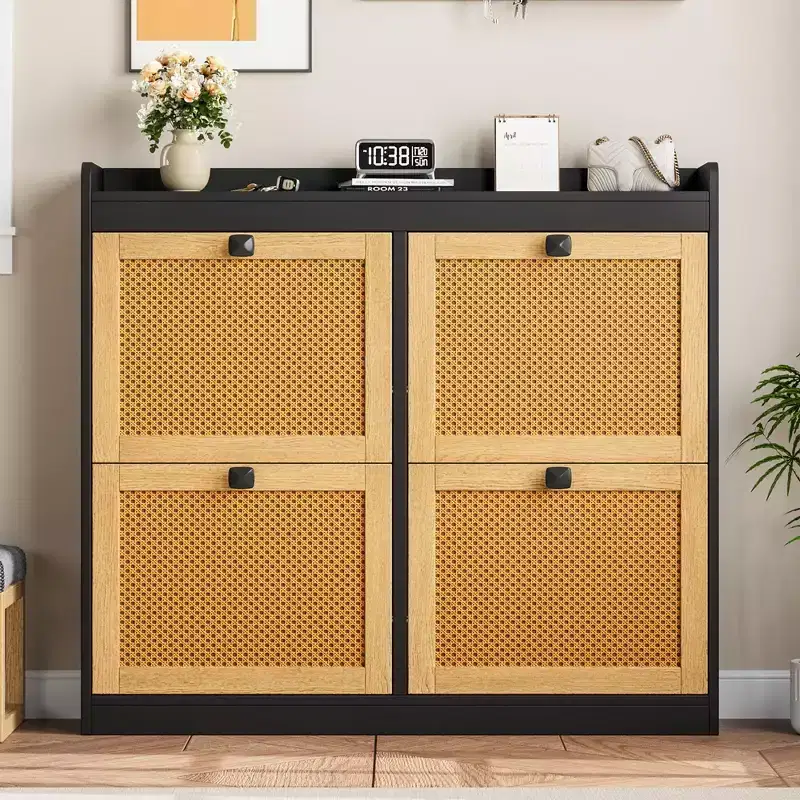 Shoe Storage Cabinet with 4 Flip Drawers, Wood Shoe Cabinet with Rattan Doors and Adjustable Shelves- Freestanding Shoe Organizer