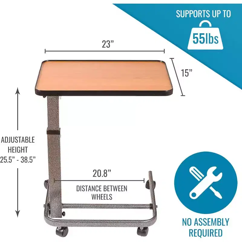DMI Tilt-Top Overbed Table, Bedside Table with Wheels, Hospital Bed Table, Bed Trays for Eating, Bed Trays, Rolling Tray Height 25.5-38.5