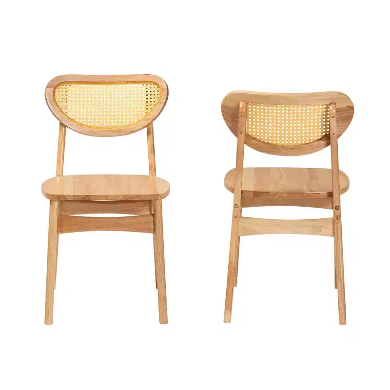 Baxton Studio 2pc Nenet Wood and Rattan Dining Chair Set Oak Brown/Light Brown: Mid-Century, Crescent Backrest, Angled Legs