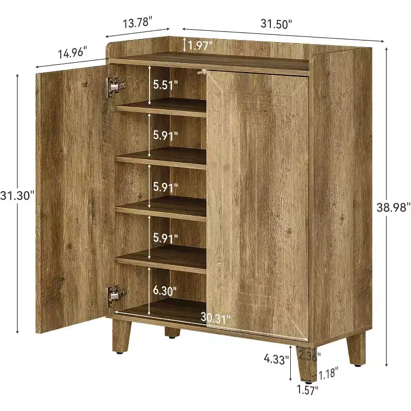 Rustic Brown 5-Tier Shoe Cabinet with Double Barn Doors, Holds 24 Pairs