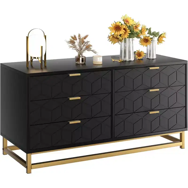 Acekool 6 Drawer Dresser, Modern Geometric Chest with Gold Accents, Quran Shelf, Wide Storage for Bedroom, Living Room, Entryway