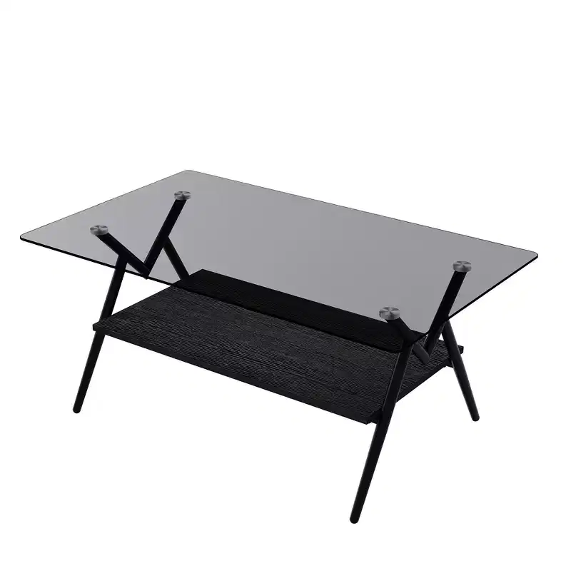 Glass Coffee Table, Modern Rectangle Tempered Glass Top Accent Center Table with Metal Legs, Easy Assembly, for Living Room Home Office