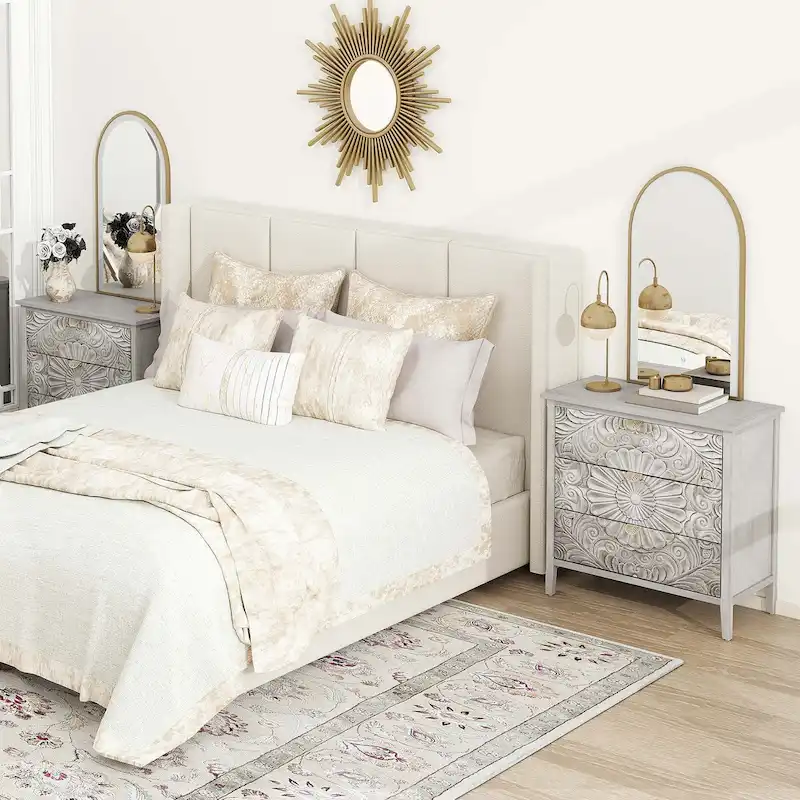 3-Drawer Cabinet with Gold Pattern Handles – Grey & White, Anti-Tip, Bottom Slide Drawers