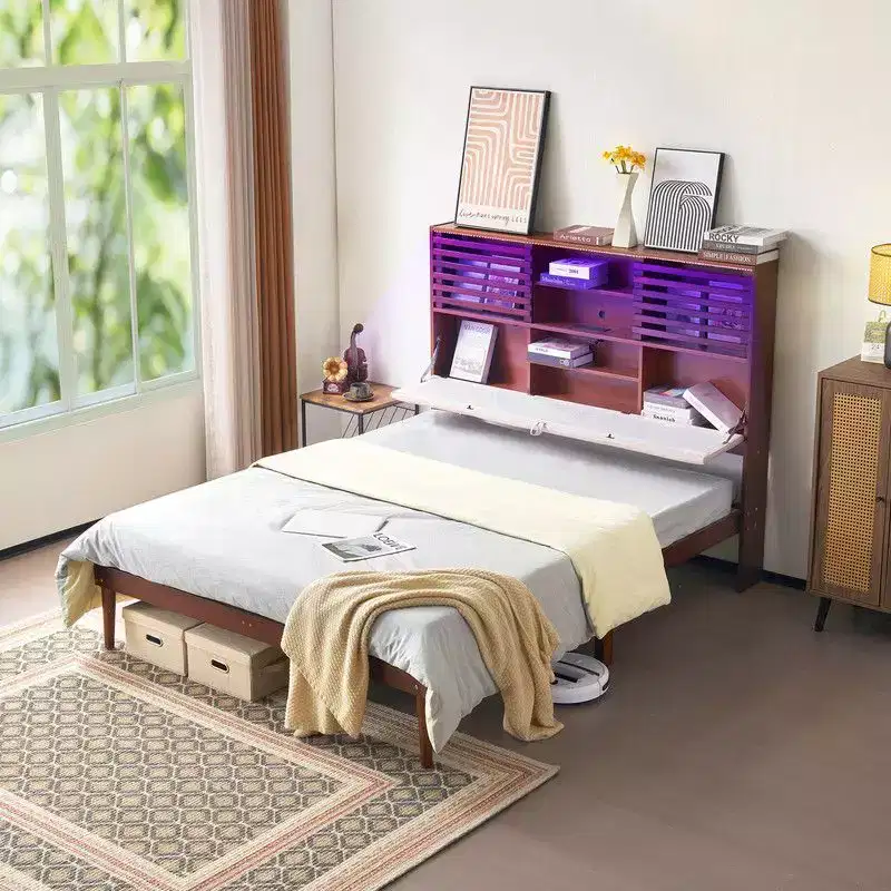 Karl Home Luxury Brown Wood Bed Frame Full Size Platform Bed with LED Upholstered Headboard, Charging Station