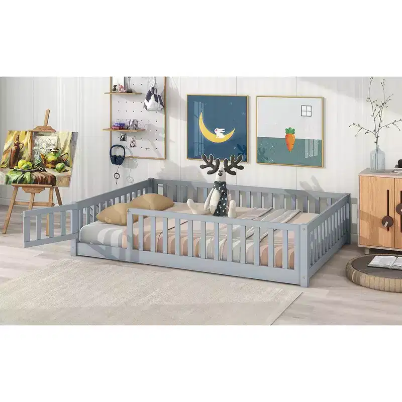 Full Size Floor Bed with Fence and Door, Rubber Wood Floor Bed Guardrails Gray