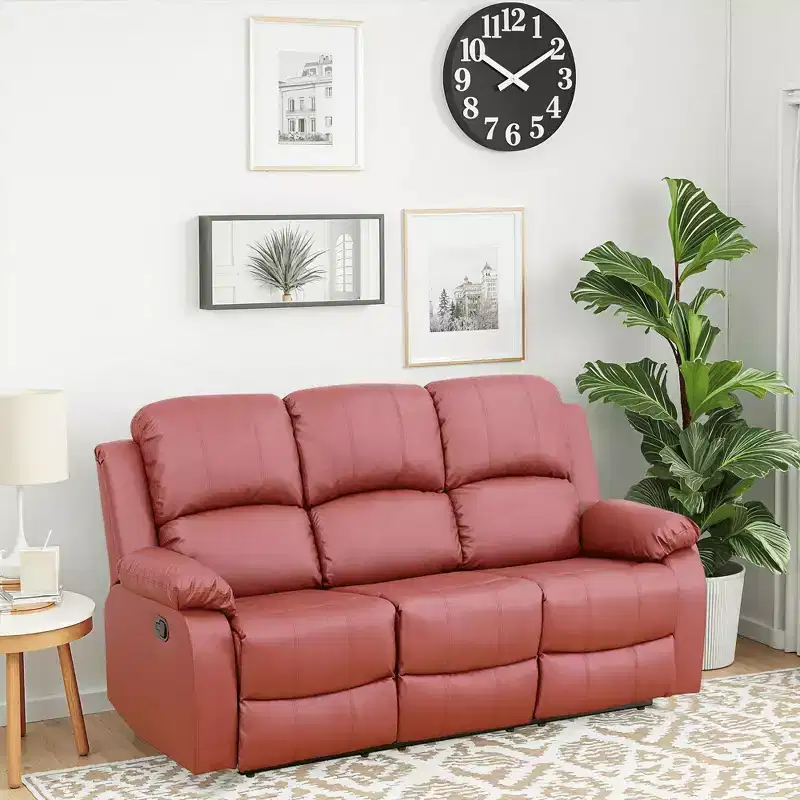MAYEERTY Power Reclining Sofa, Electric 3-Seat Leather Recliner with Reversible Coffee Table for Living Room, Red