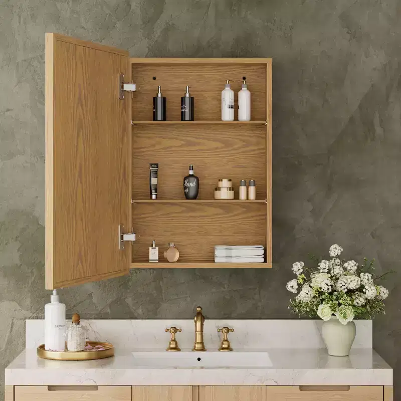 Oak Wood Framed Bathroom Wall Cabinet with Mirror and Adjustable Shelves, Wall Mounted Storage Cabinet with Mirror for Bathroom