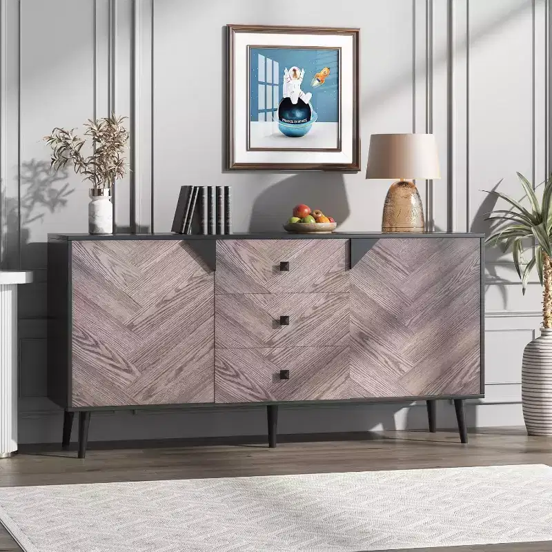 55 Inch 3 Drawer Cabinet with Adjustable Shelves and Doors for Storage