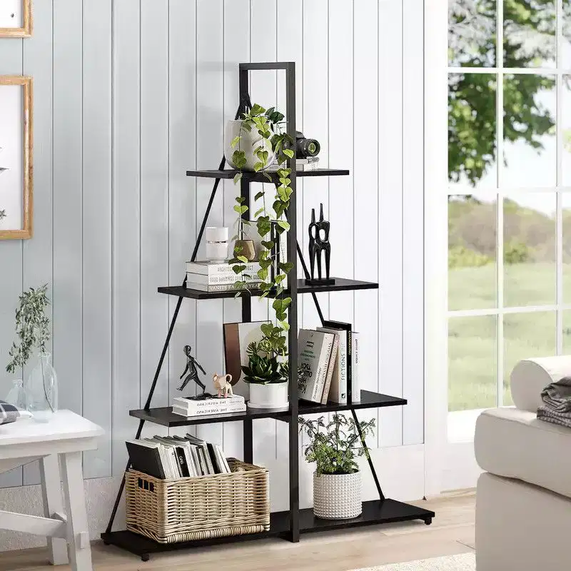4 Tier Book Shelf, Ladder Bookcase with Sailboat A Shaped Structure, Bookshelf with Sturdy Shelves Display