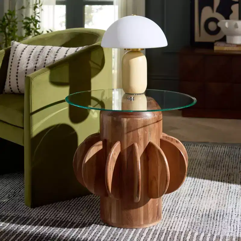 Marata Glass Side Table - ACC3222 - Glass/Walnut - Safavieh