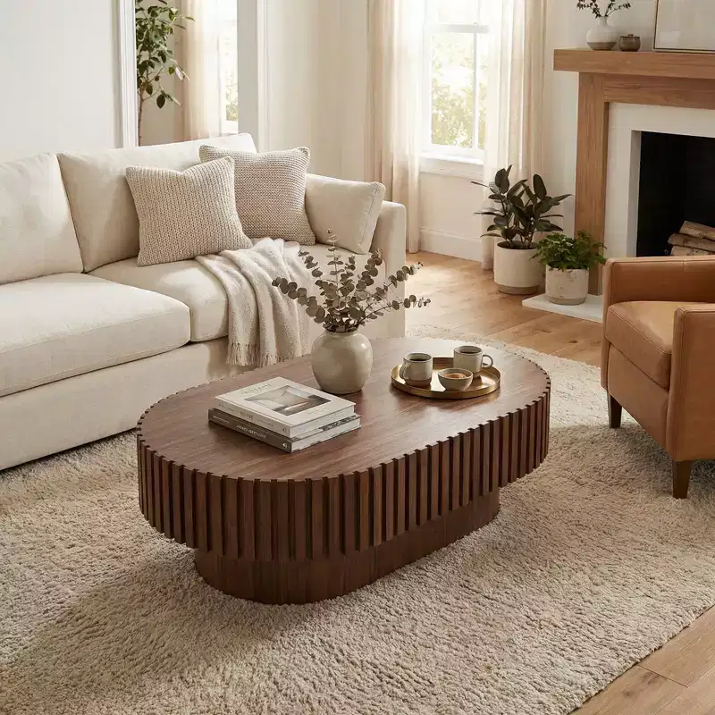 JVNOXK 43.70 Inch Modern Handcraft Drum Coffee Table Oval Coffee Table for Living Room,Small Wooden Coffee Table with Sturdy Pedestal for Office