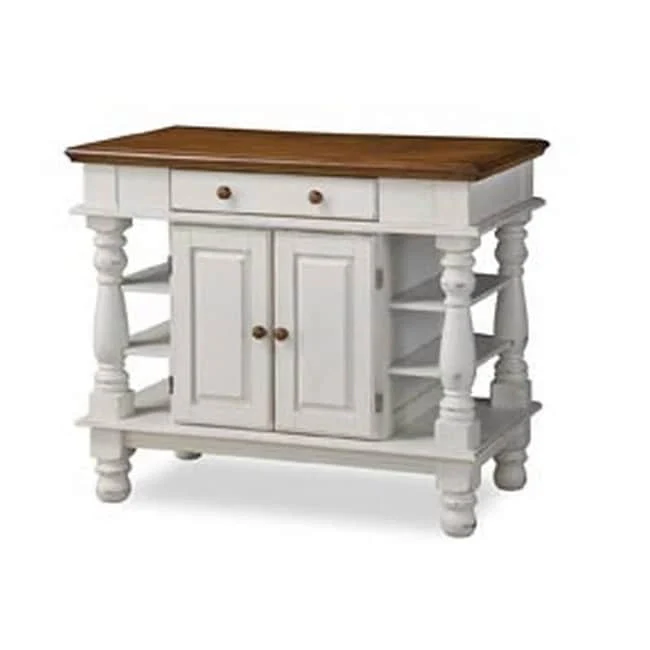 Off-White Farmhouse Kitchen Island with Storage – Hardwood Top, Antique Brass Hardware