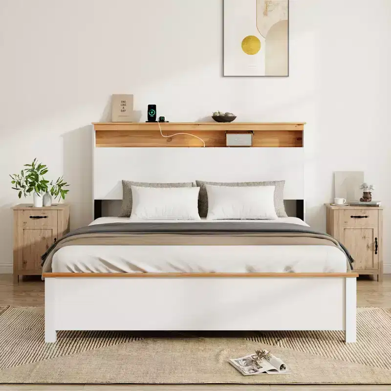 All-Wood Rustic Farmhouse Bed Frame with Storage Headboard and Built-In USB Charging Station, Easy Assembly, Classic White