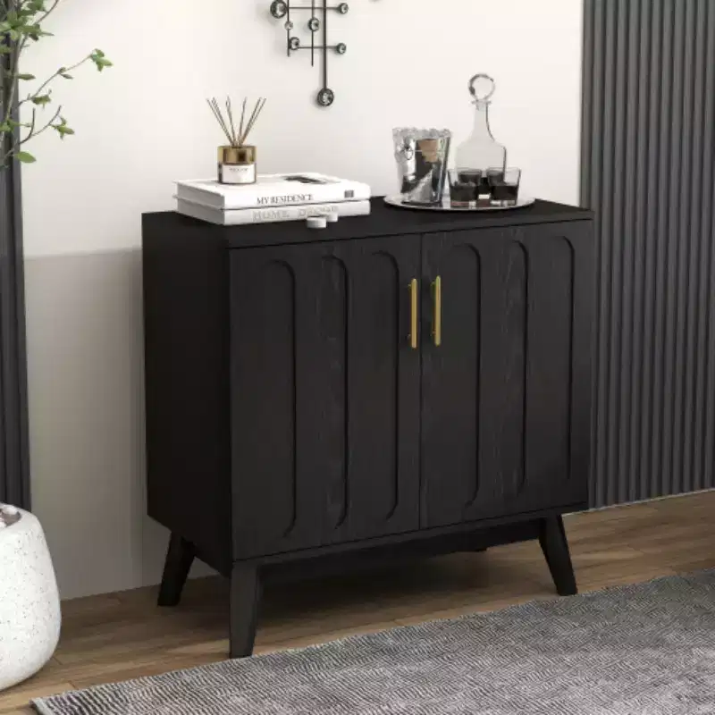 32 Mid-Century Modern Fluted Accent Storage Cabinet, Small 2-Door Sideboard with Solid Wood Legs and Gold Handles - Panipeachy
