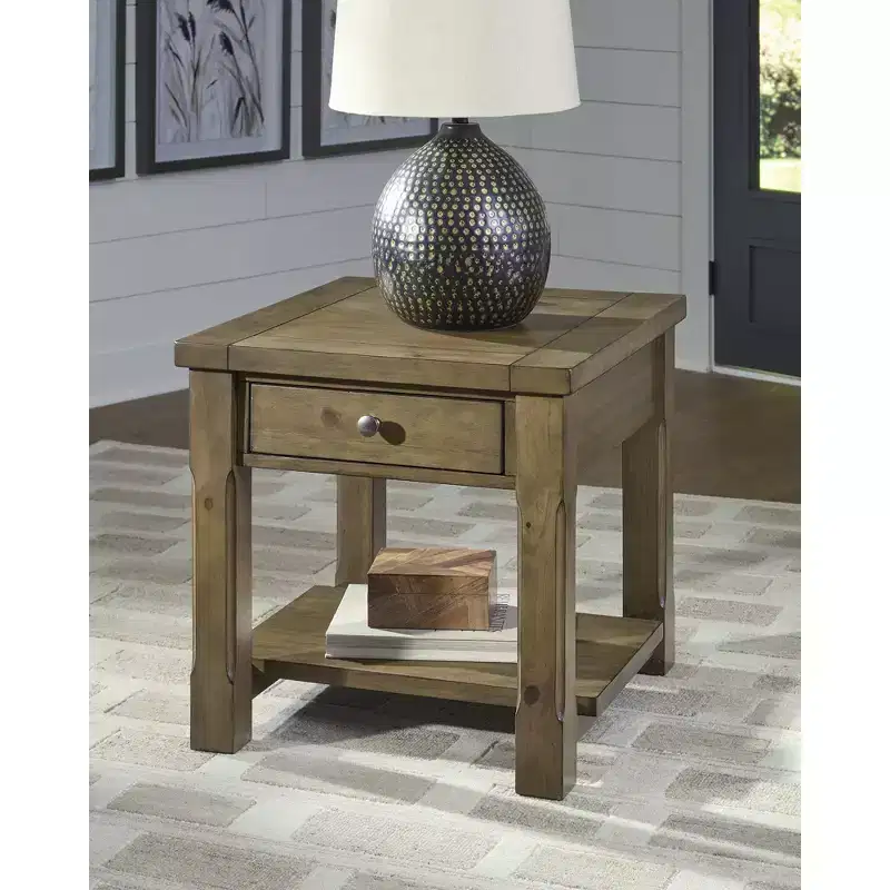 Rectangular End Table with Drawer and Lower Shelf Medium Brown Finish