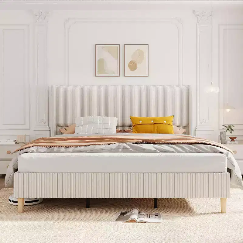 Bed Frame, Corduroy Upholstered King Bed Frame with Wingback Headboard, No Box Spring Needed, Solid Wooden Slats, Noise Free, Beige