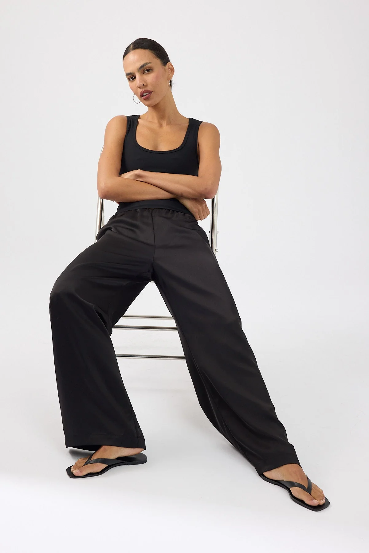 Satin Mid Rise Pants Black