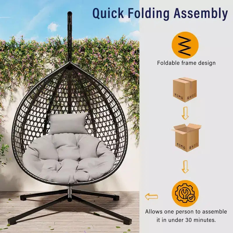 GDFStudio Anderson Hanging Egg Rattan Chair with Stand and Soft Removable Cushion