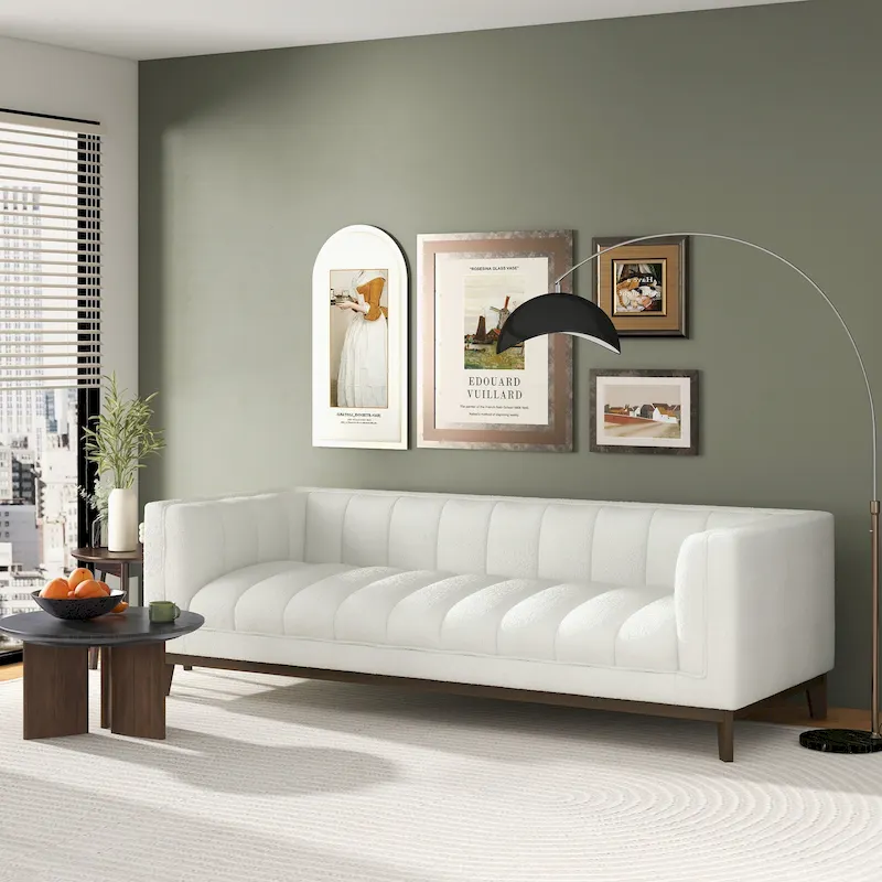 Mid-Century Modern 2-Seater Sofa | Velvet & Boucle | Green / Ivory / Orange
