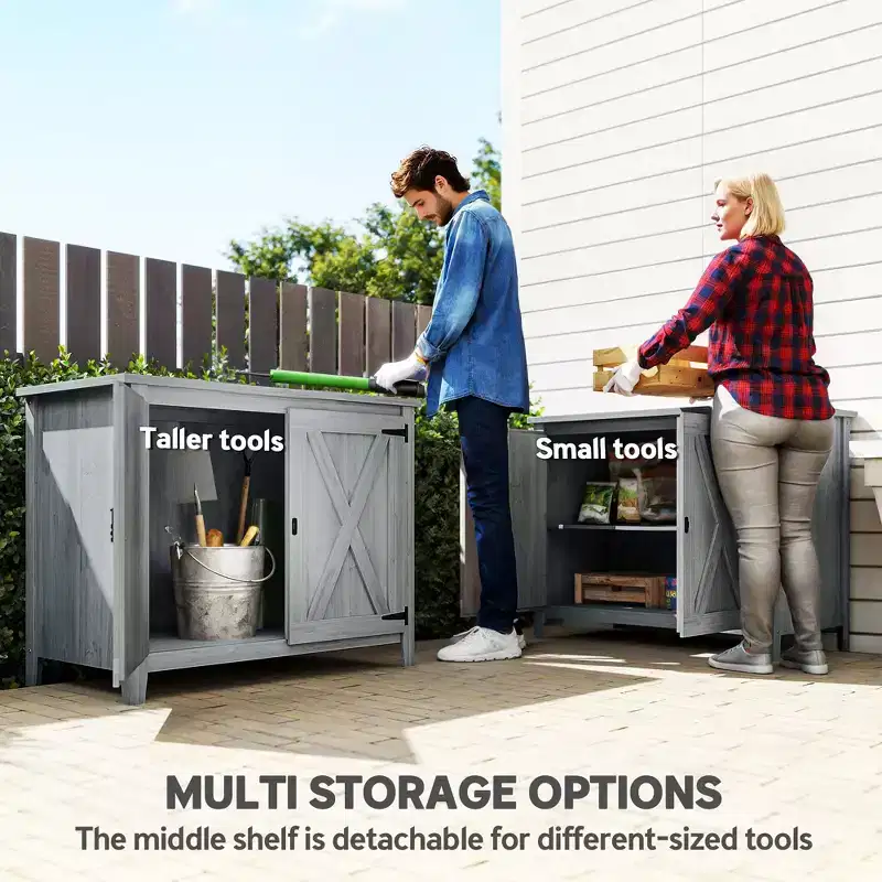 Wooden Outdoor Storage Cabinet, Garden Shed Potting Shed with Shelf and Double Doors, Light Gray