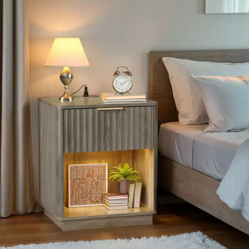 1-Drawer Gray MDF Nightstand, 18.9