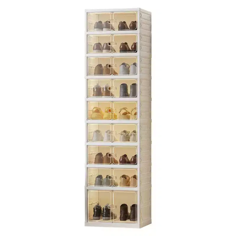 Stackable Foldable Shoe Rack, 9-Layer Storage Boxes for Shoes, Clothes, Blankets, Books, White, 17.7x13.8x66 in