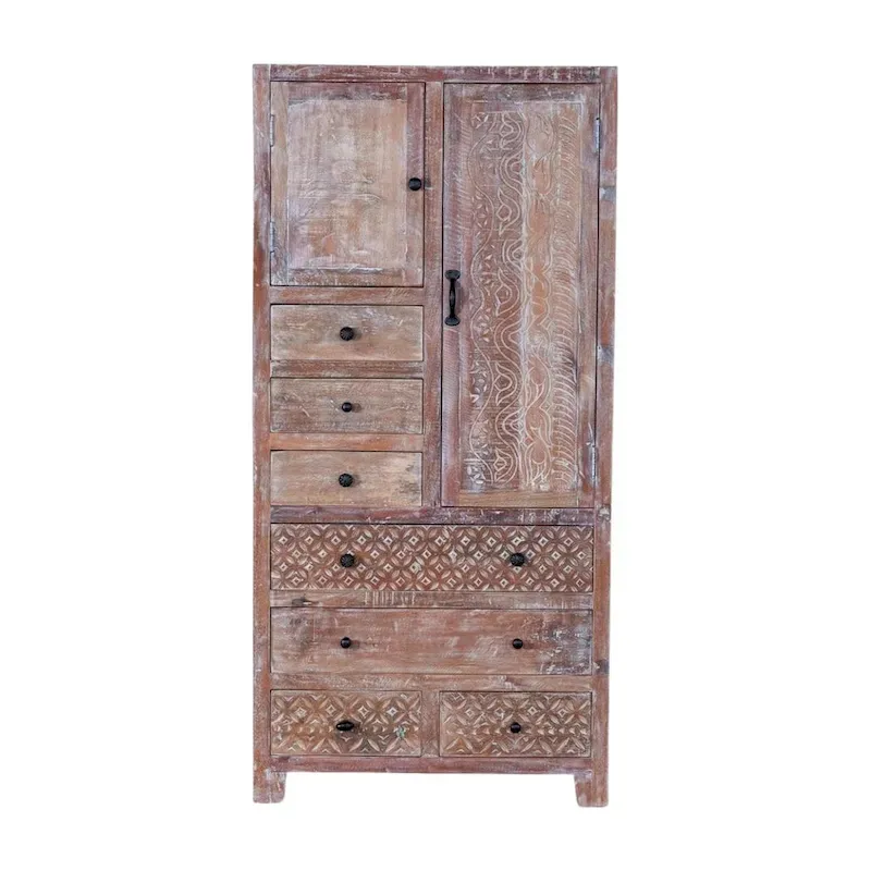 Antique White / Brown Solid Wood Armoire with 7 Drawers & 2 Doors