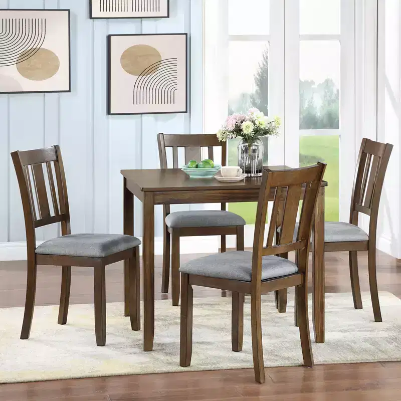 GDFStudio Kimura Rustic 5 Piece Acacia Wood Upholstered Dining Chairs with Square Dining Table