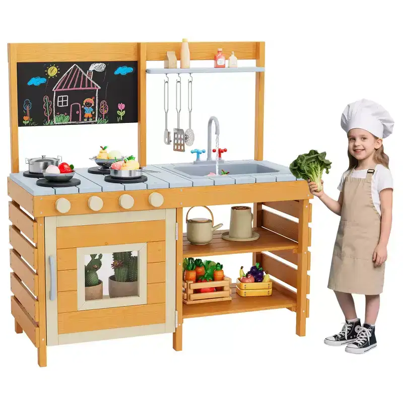 Mud Kitchen for Kids Outdoor Playset Kitchen with Cookware Pretend Stove Single Door Cabinet Bottom Storage Shelves Ideal Gift for Boys Girls 3-8